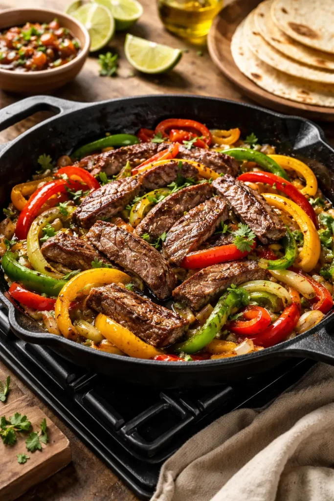 10 Easy Steak Dinners for Any Weeknight 3 Steak fajitas with peppers and onions sizzling in a skillet
