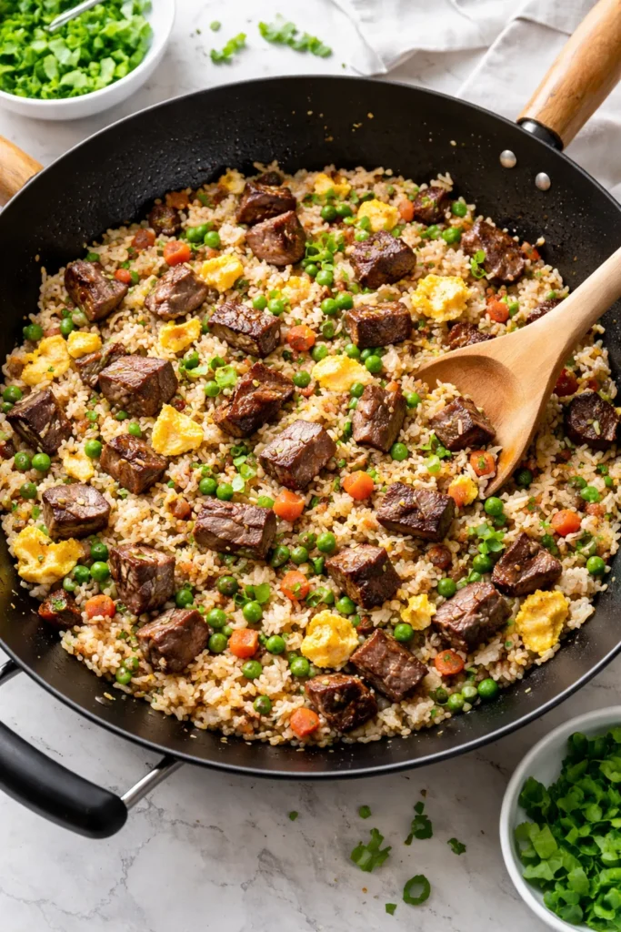 10 Easy Steak Dinners for Any Weeknight 5 Steak fried rice with diced steak and eggs in a wok