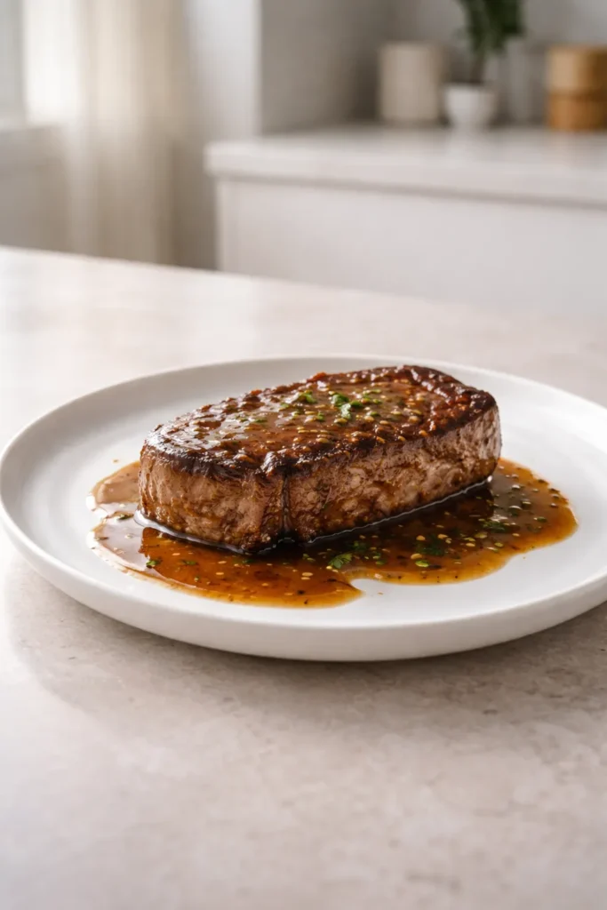 A perfectly seared steak with pan sauce on a plate in a minimal kitchen