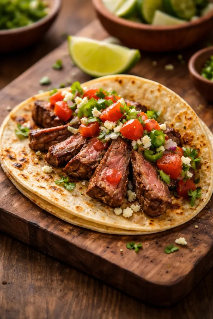 10 Easy Steak Dinners for Any Weeknight 7 Close-up of a single steak taco with sliced steak in a warm tortilla on a wooden board