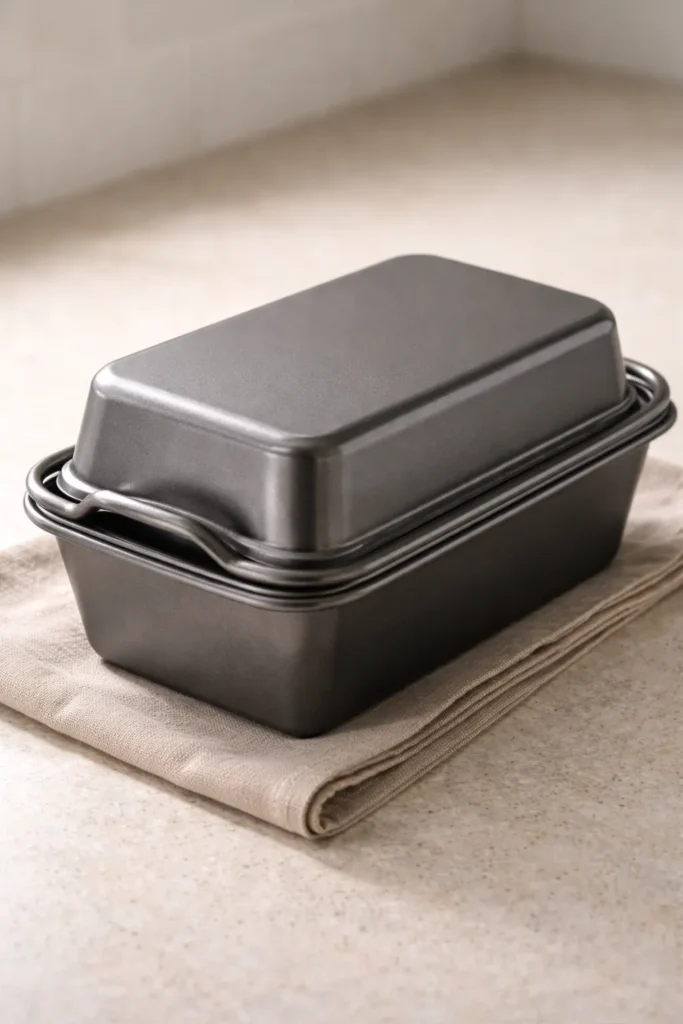 Loaf pan covered by another pan during baking