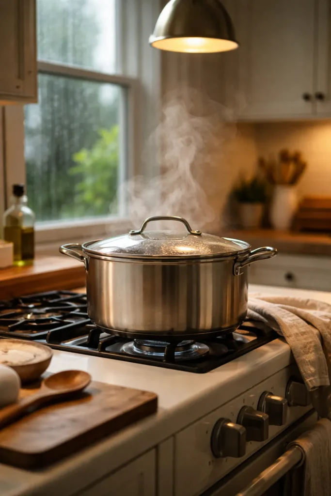 8 Rainy Day Recipes for Cozy Comfort 10 Steaming pot on stove in a warm kitchen