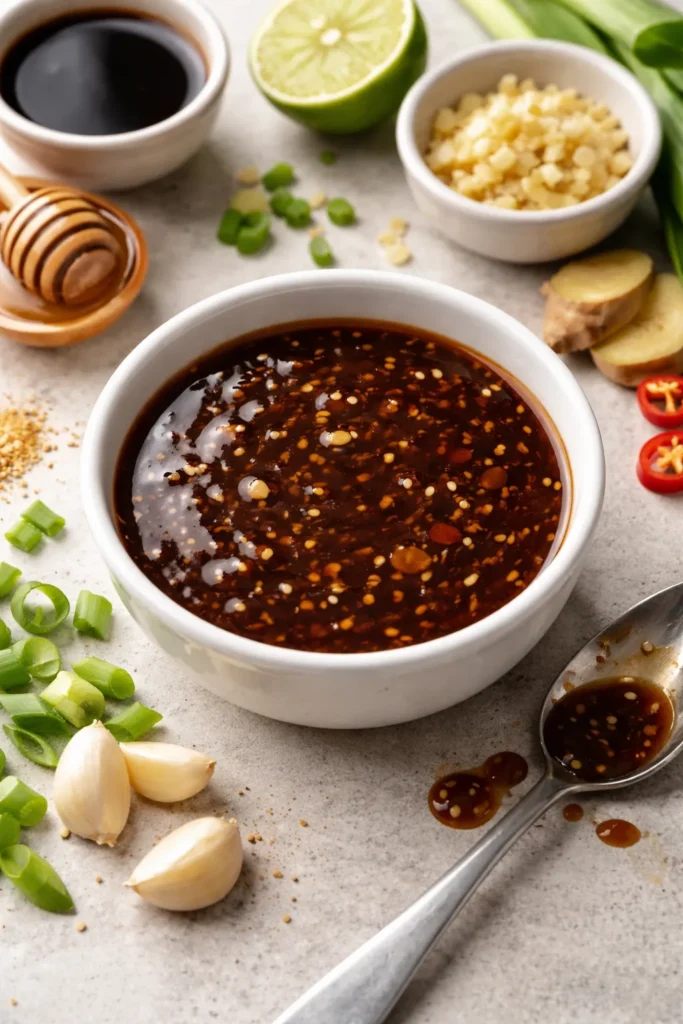 Glossy stir-fry sauce in a plain bowl on a neutral surface
