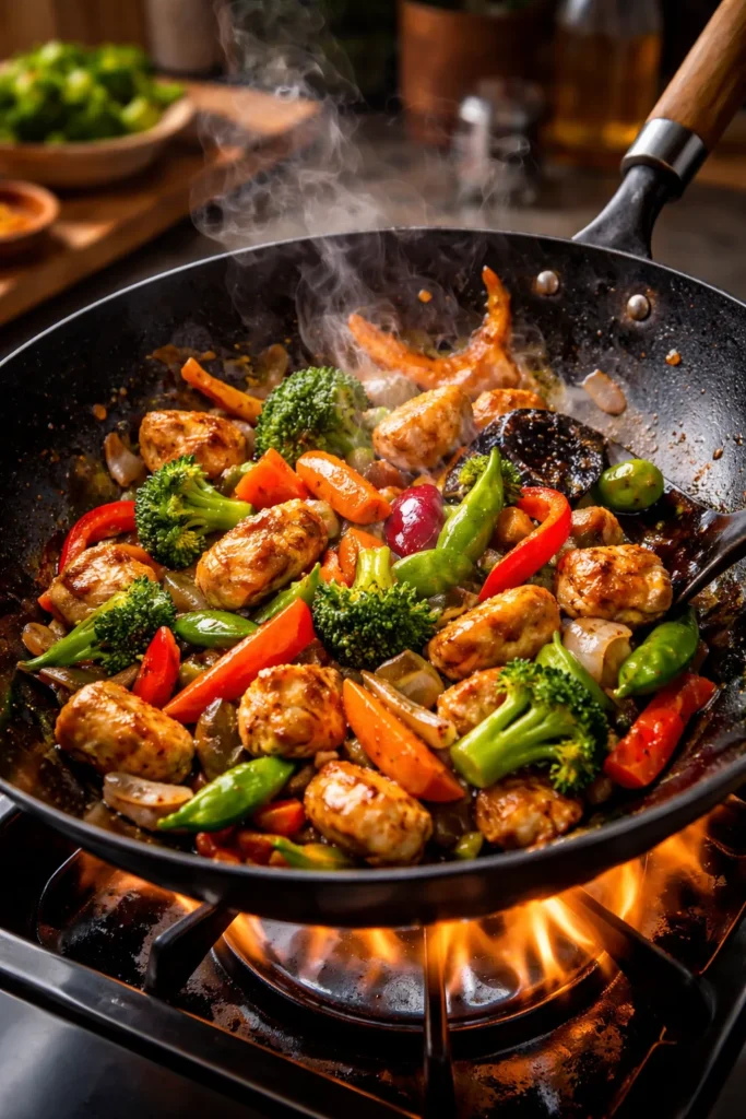 Sizzling stir fry in a hot wok with caramelized chicken and colorful vegetables