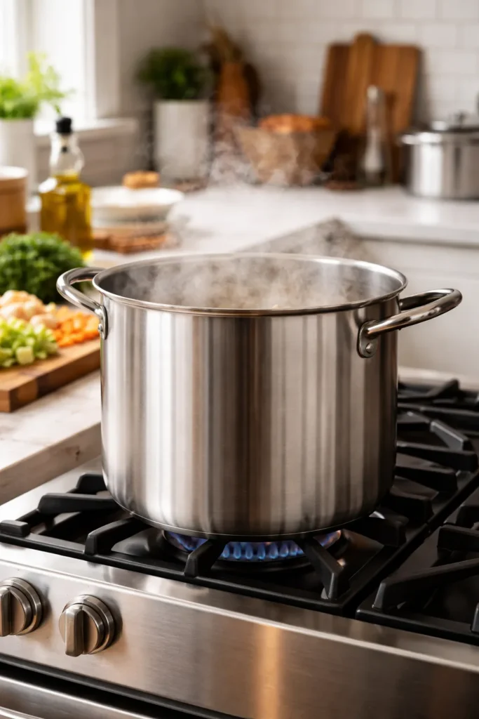 8 Batch Cooking Recipes for Easy Weeknights 11 Large stockpot steaming on a stove in a bright kitchen