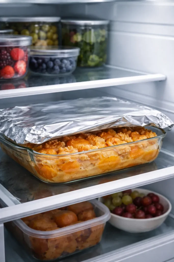 5-Minute Bisquick Cobbler With Canned Peaches 12 Cobbler stored in foil-covered dish in the fridge