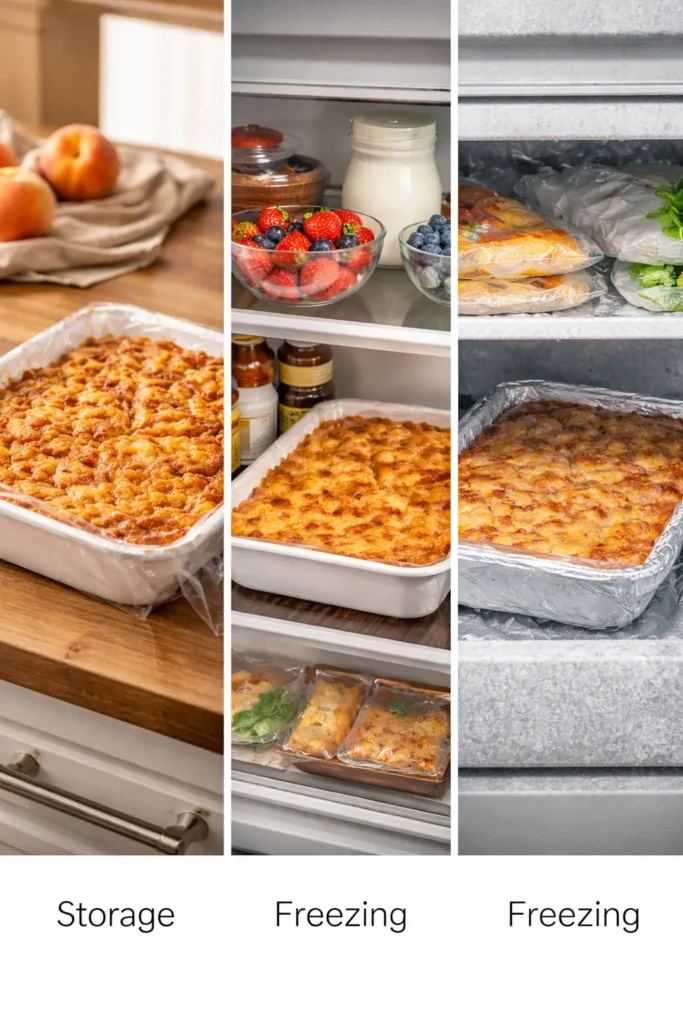 Simple Homemade Peach Cobbler From Scratch 10 Three-panel collage showing cobbler at room temp, in fridge, and in freezer