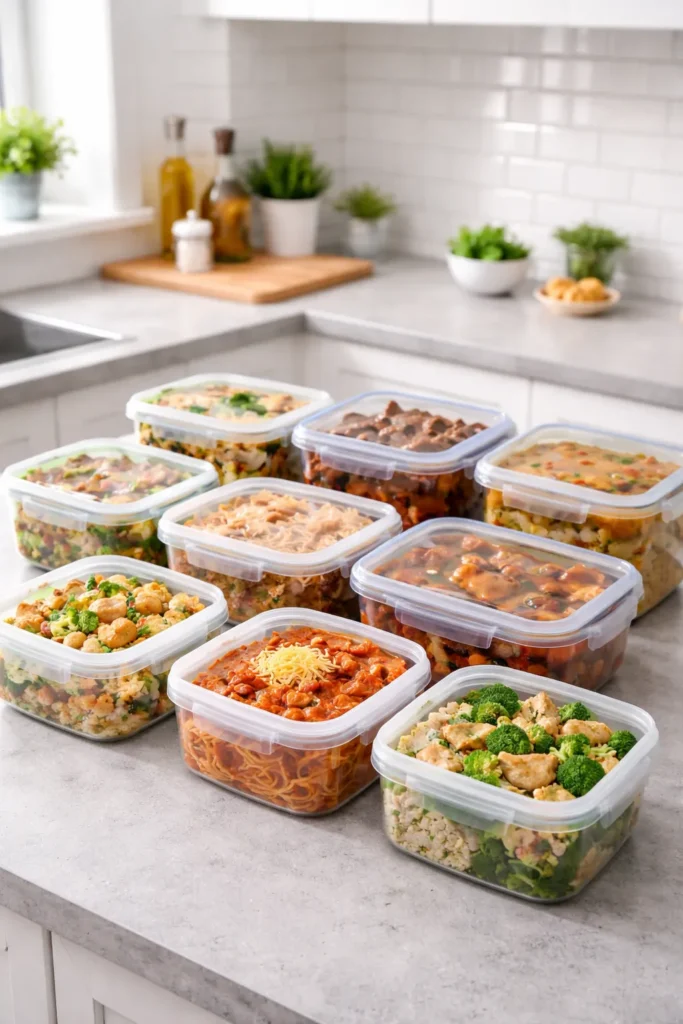 8 Batch Cooking Recipes for Easy Weeknights 10 Row of freezer-safe containers on a clean kitchen counter