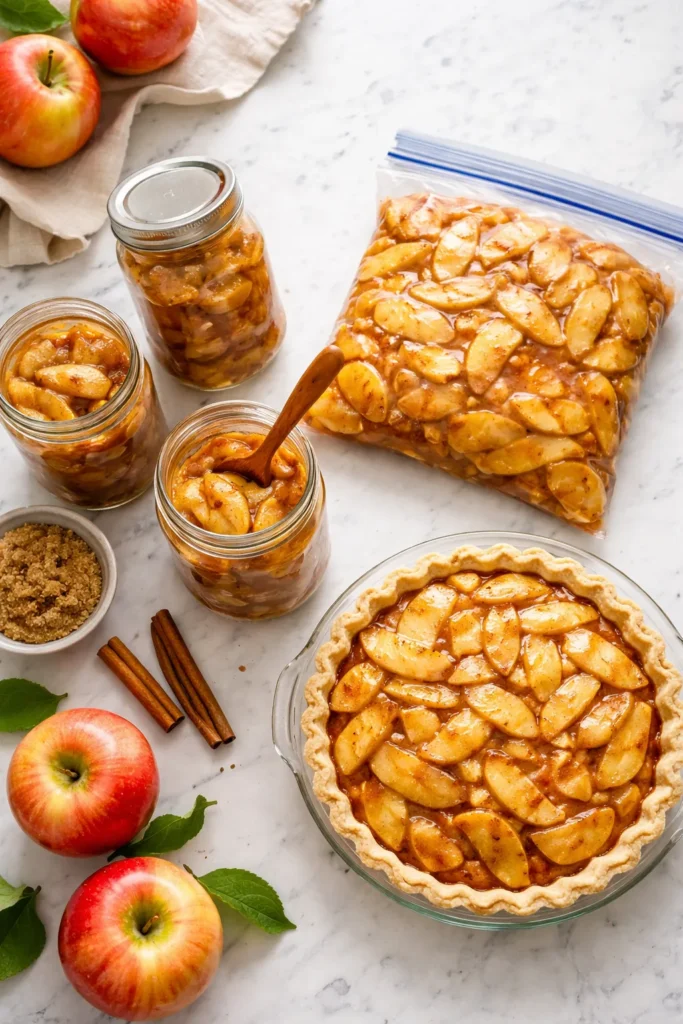 Clear jars and a freezer bag with pie filling on a clean counter