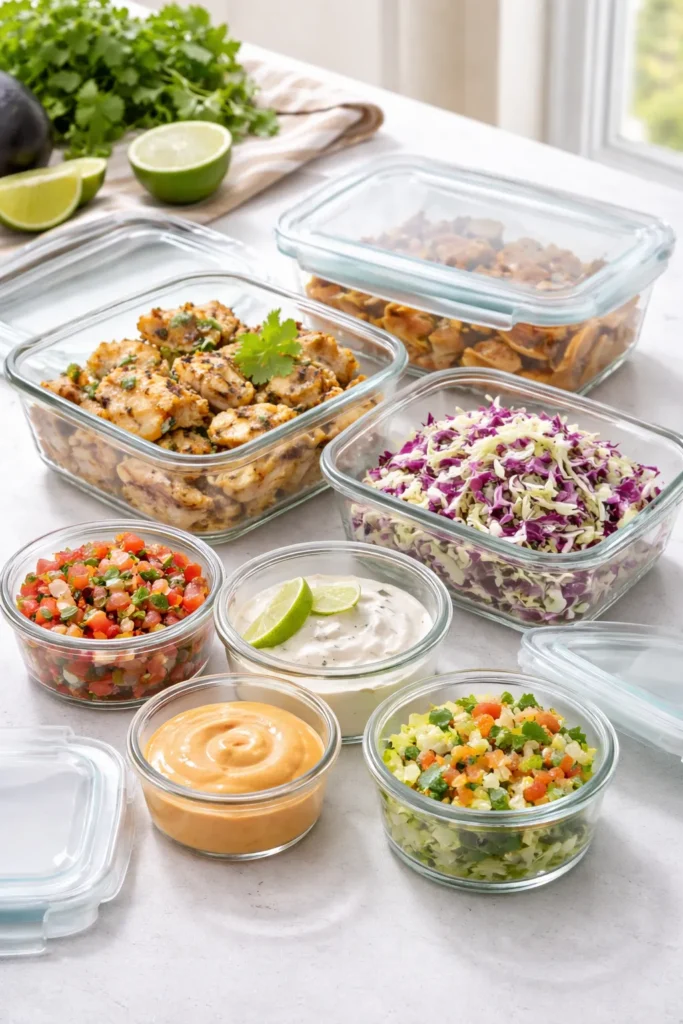 8 Easy Fish Taco Recipes for Taco Night 12 Glass containers with leftover fish and toppings stored safely
