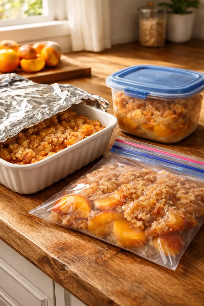 Easy Peach Cobbler With Bisquick in 30 Mins 13 Foil-covered cobbler dish with airtight container and freezer bag on wooden counter