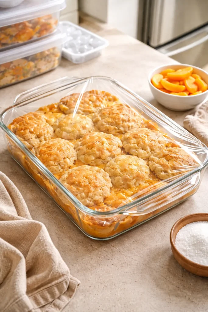 Canned Peach Cobbler That Tastes Fresh 15 Peach cobbler in a dish covered with plastic wrap for storage
