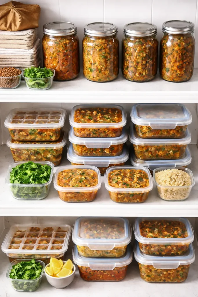 Containers and jars for meal prep in a kitchen