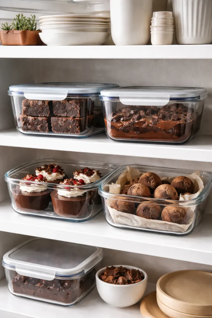 8 Easy Chocolate Dessert Recipes to Try 11 Glass storage containers with chocolate desserts on a kitchen shelf
