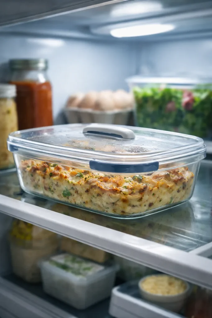 12 Dump and Bake Casseroles With No Fuss 15 Casserole dish with lid in the refrigerator ready for make-ahead meals