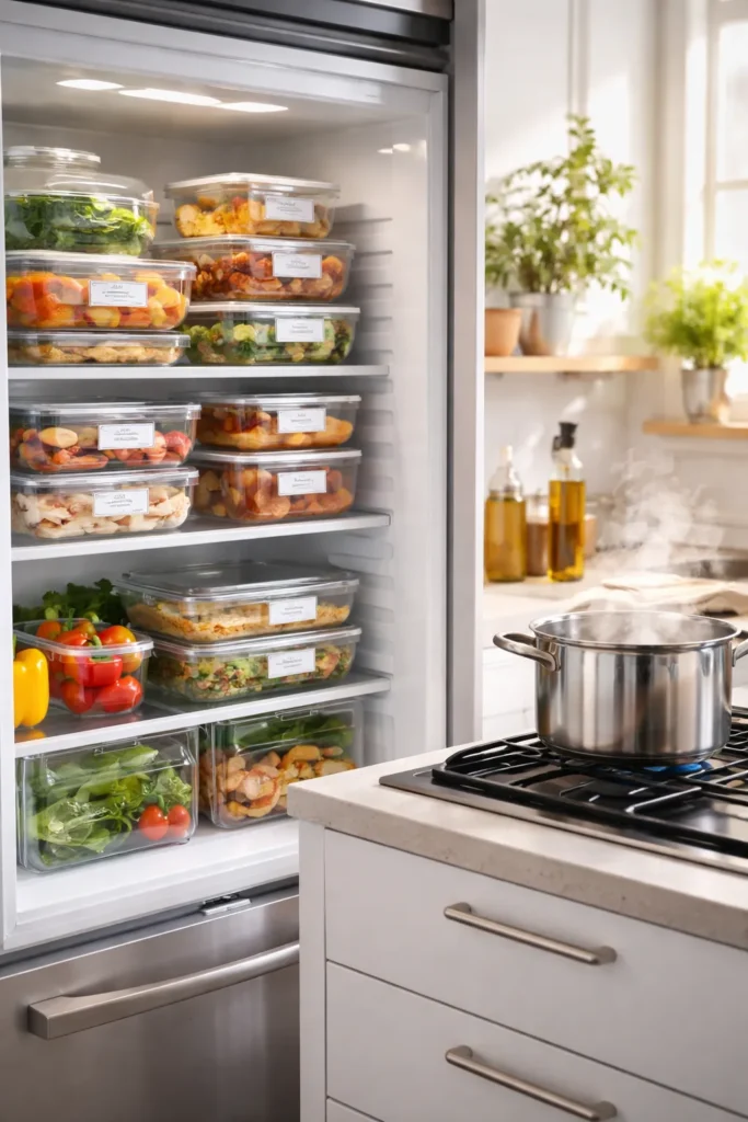 8 Make-Ahead Dinners Ready When You Are 9 Organized fridge with glass containers and a steaming pot illustrating storage and reheating principles