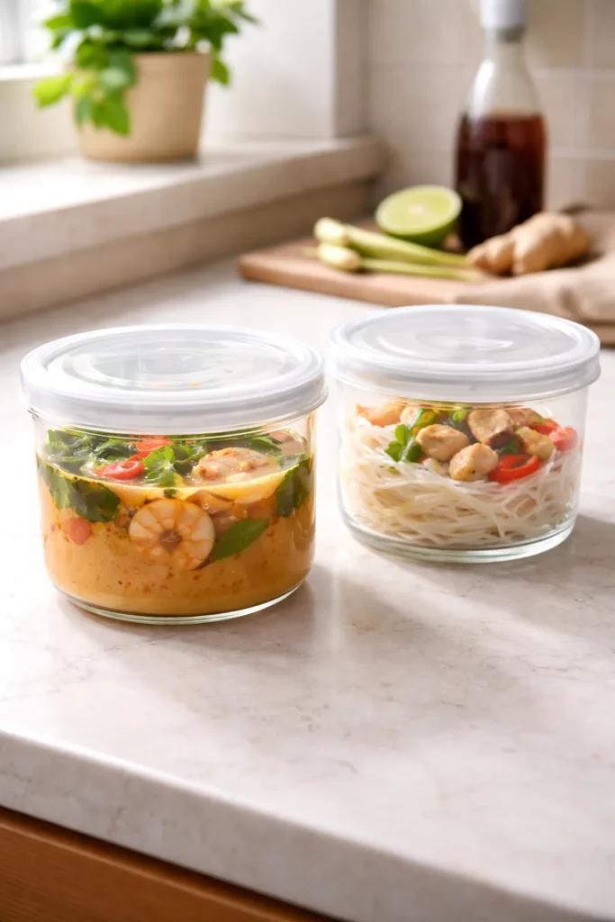 Two containers showing broth and noodles separated for storing and reheating soups