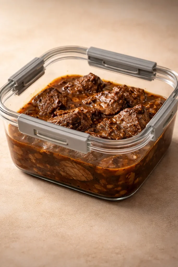 10 Slow Cooker Beef Recipes Fork-Tender 14 Glass storage container with braised beef and liquid for refrigeration