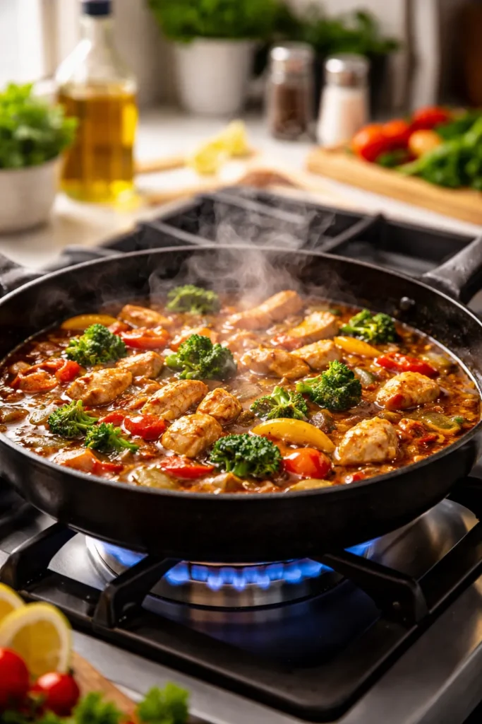 8 Stovetop Dinners When You're Short on Time 1 Close-up of a skillet simmering on a stove with steam in a bright kitchen