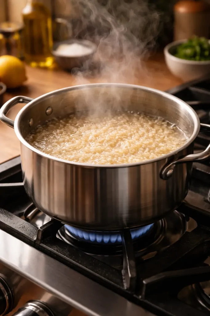 Stovetop pot simmering rice with steam