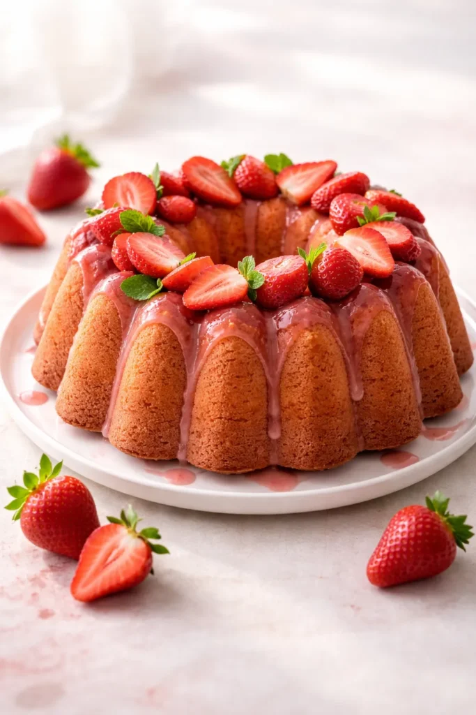 10 Beautiful Bundt Cakes for Beginners 4 Strawberry bundt cake with fresh fruit on plate
