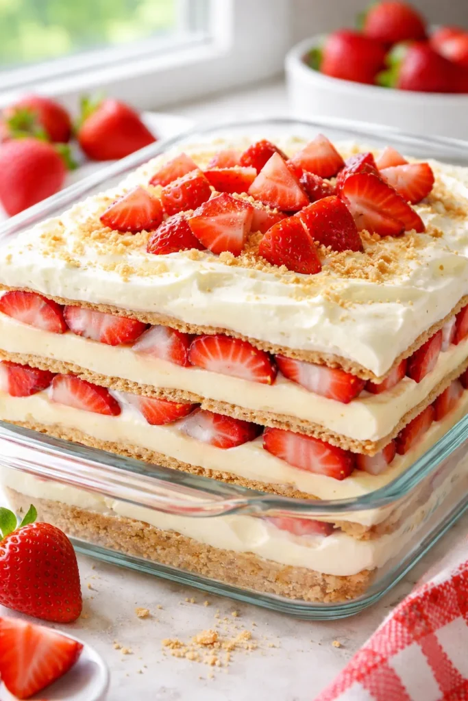5 Easy No Bake Cakes Perfect for Summer 3 Strawberry cheesecake icebox cake with strawberry layers in glass pan