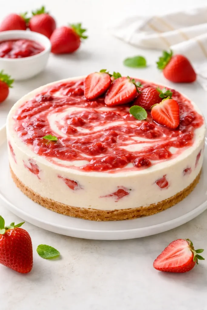 10 No Bake Cheesecakes for Hot Summer Days 4 No-bake strawberry cheesecake with strawberry sauce swirl on plate