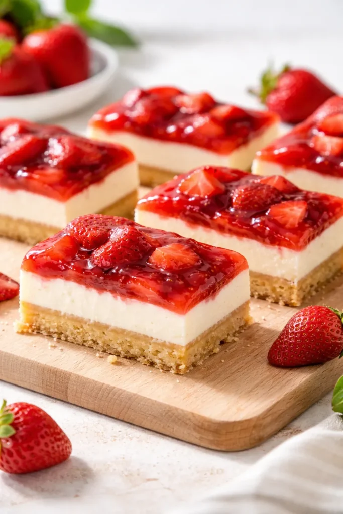 15 Easy Cream Cheese Dessert Recipes 6 Strawberry cream cheese bars on a wooden board with strawberry topping