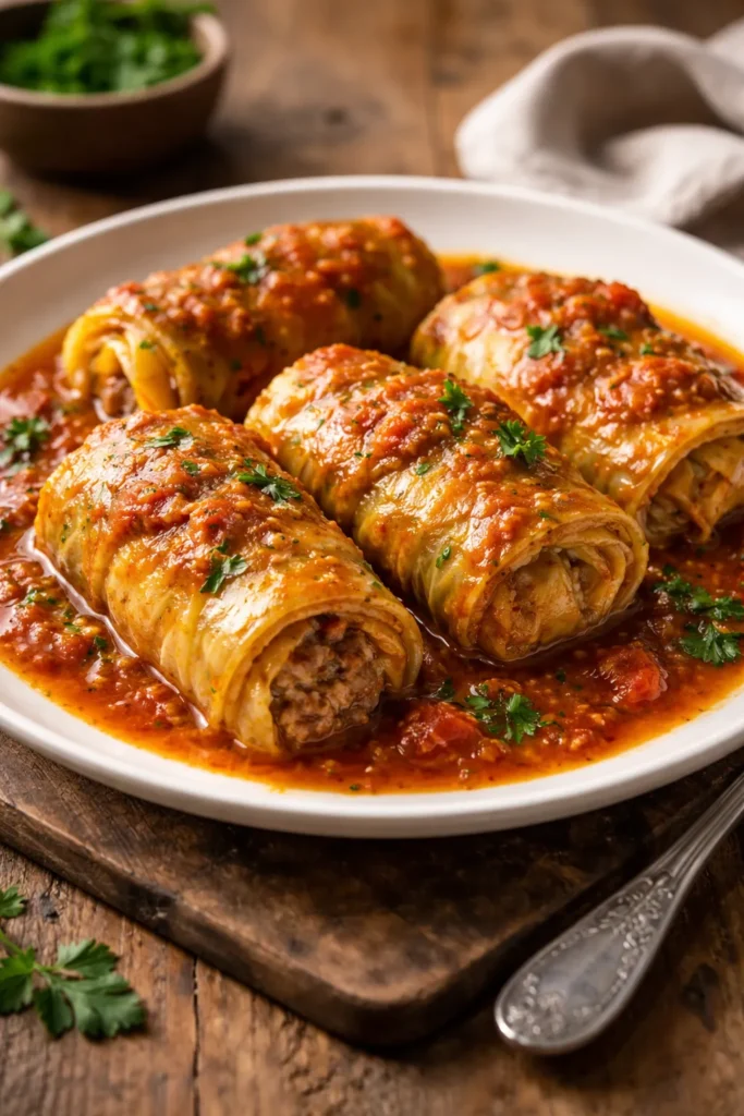 8 Make-Ahead Dinners Ready When You Are 7 Close-up of stuffed cabbage rolls in tomato-herb sauce on a plate