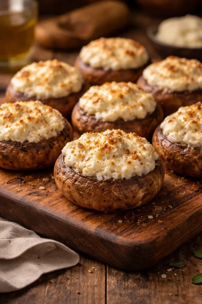 Close-up of classic cream cheese and garlic stuffed mushrooms on a wooden board with creamy filling visible