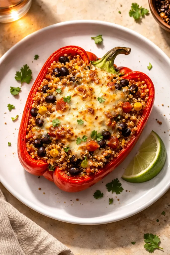 Stuffed red bell pepper filled with quinoa and beans topped with cheese