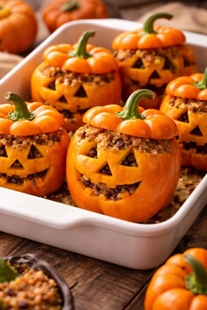 8 Halloween Dinner Ideas Your Kids Will Love 3 Orange bell peppers carved as jack-o'-lanterns and stuffed