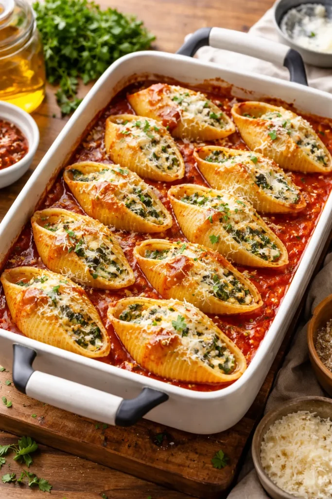 10 Stuffed Pasta Shell Recipes for Dinner 13 Close-up of stuffed shells in a marinara-covered baking dish ready to bake