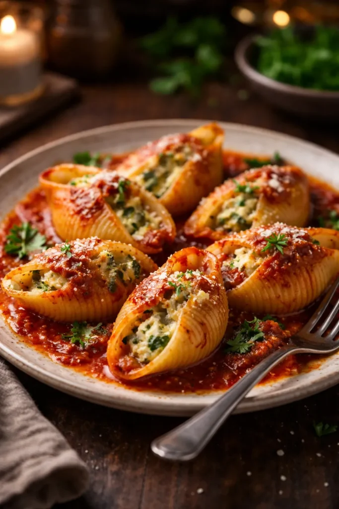 10 Stuffed Pasta Shell Recipes for Dinner 16 Plated stuffed shells with glossy sauce in warm mood