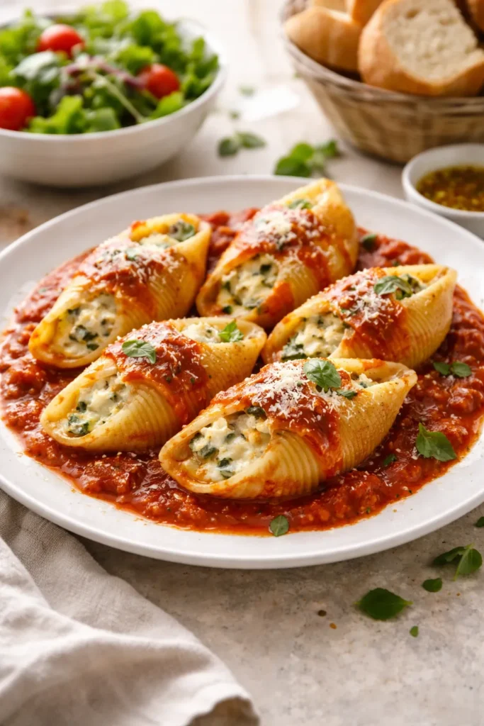 10 Stuffed Pasta Shell Recipes for Dinner 14 Plate of cooked stuffed shells in marinara on a white plate