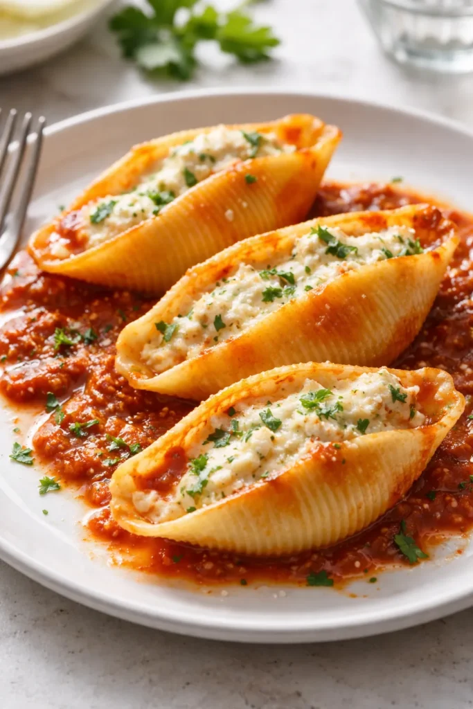 10 Stuffed Pasta Shell Recipes for Dinner 1 Close-up of jumbo stuffed shells with ricotta and mozzarella on a plate