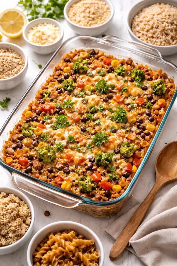 12 Dump and Bake Casseroles With No Fuss 14 Casserole dish showing mixed grains, beans, and vegetables in baked sauce
