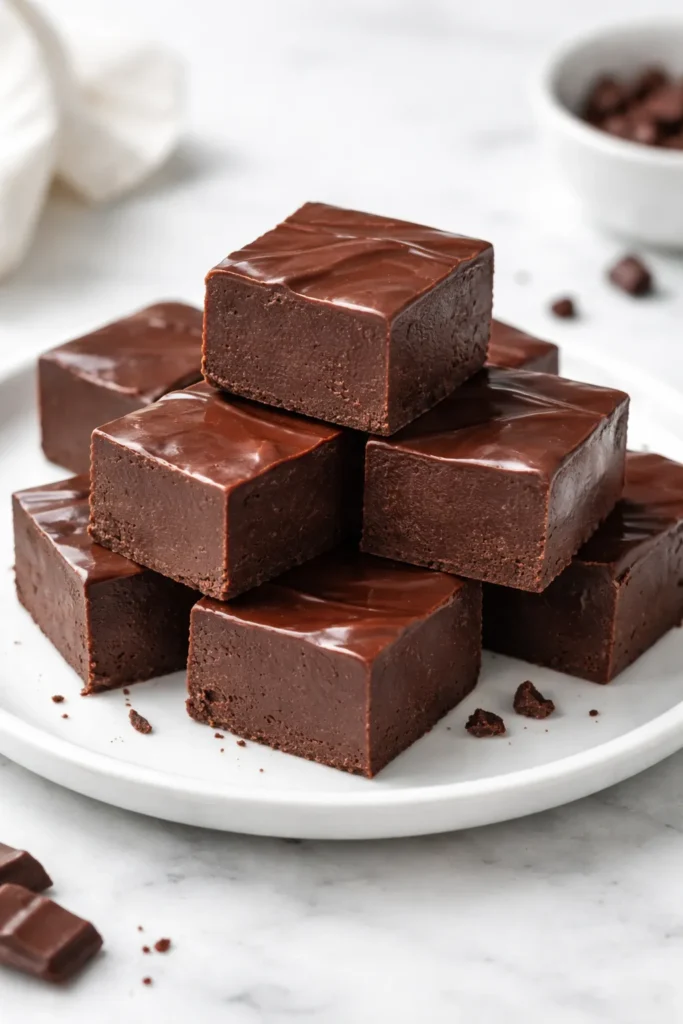 15 Sugar Free Treats That Actually Taste Good 9 Dense sugar-free chocolate fudge square on plate