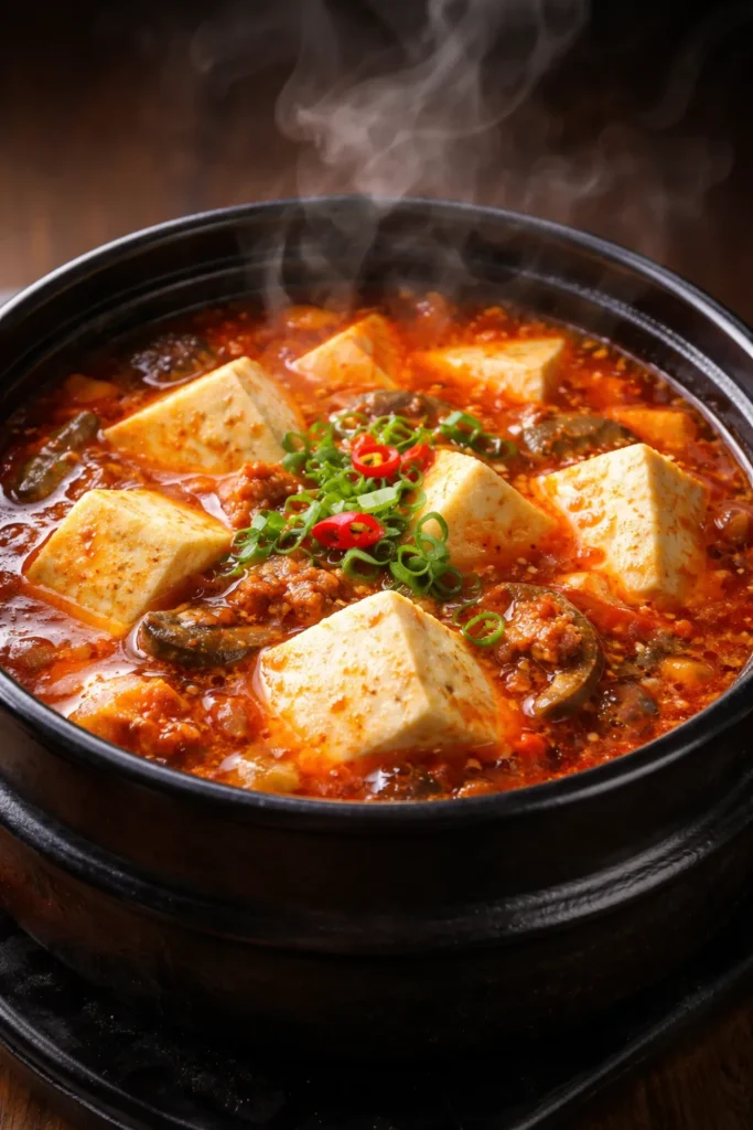 12 Easy Korean Recipes for Weeknight Dinners 9 Sundubu jjigae bubbling in clay pot with tofu in red broth