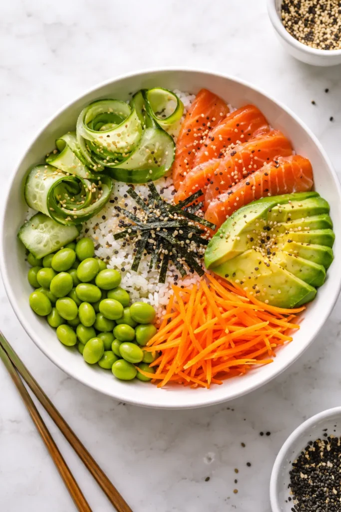 Close-up of a sushi-inspired bowl with salmon, cucumber, avocado, carrot, sesame, edamame, and nori