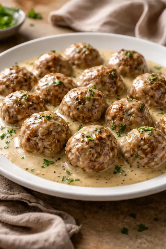 Plate of Swedish meatballs in creamy sauce served on a neutral plate