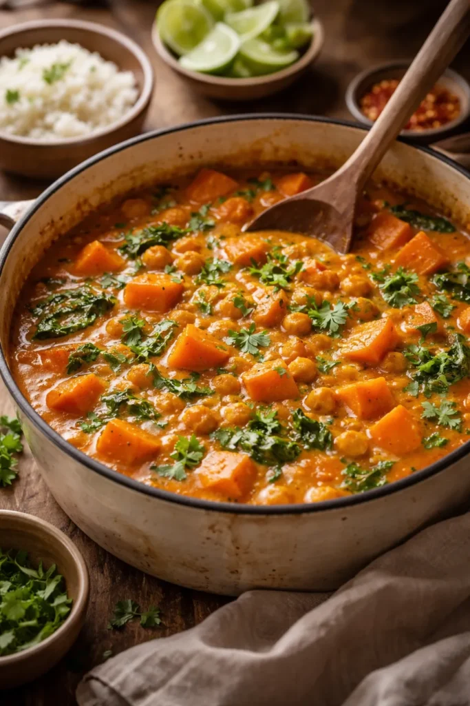 Bowl of sweet potato chickpea curry with coconut milk and chickpeas