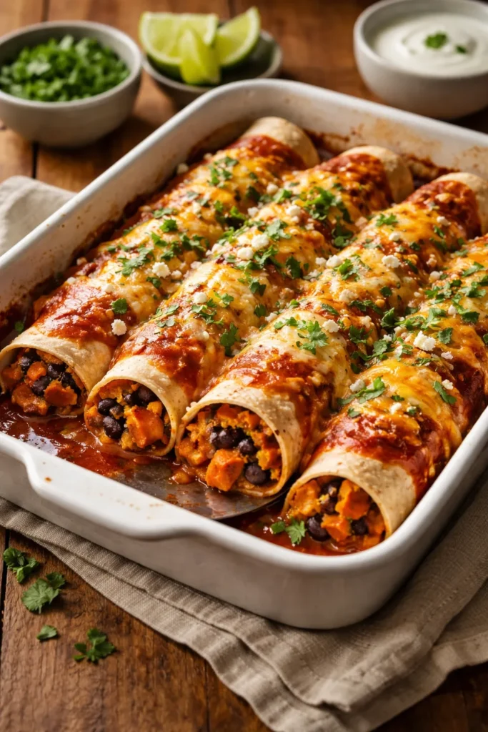 8 Vegetarian Dinners That Fill You Up 6 Rolled enchiladas with sweet potato and black beans in sauce