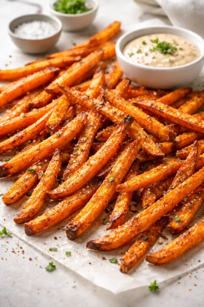 12 Air Fryer Dinners Crispy Without the Oil 4 Crispy sweet potato fries on a light surface
