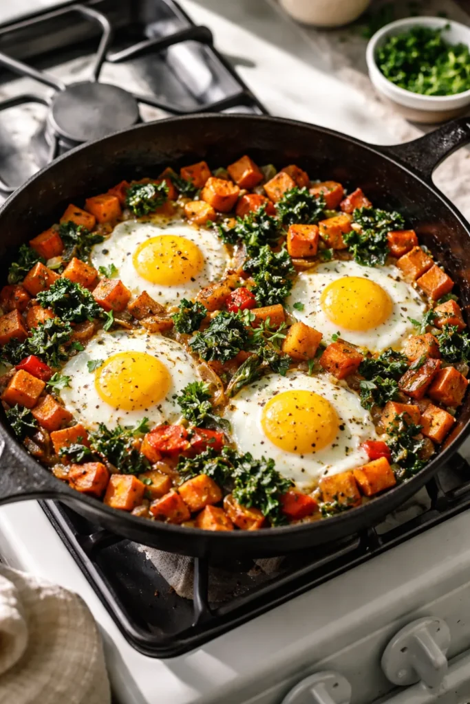 10 Clean Eating Recipes for the Whole Week 5 Skillet with sweet potato hash, onions, peppers, kale, and eggs