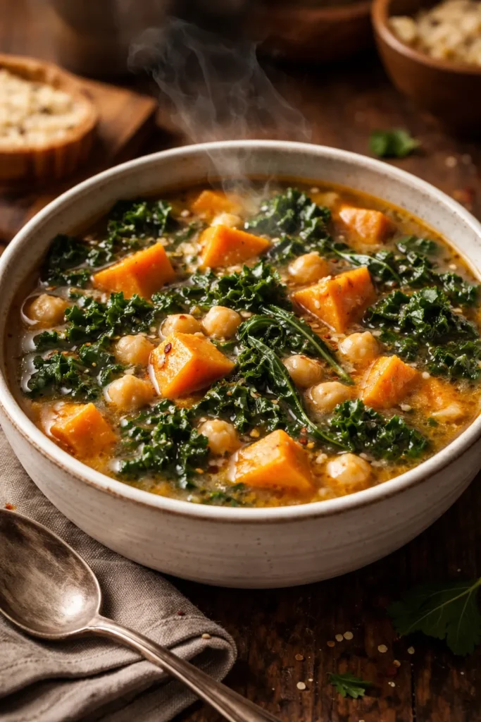 8 Vegetable Soup Recipes for Cold Nights 7 Close-up of Sweet Potato Kale Chickpea Soup with visible chunks in a bowl
