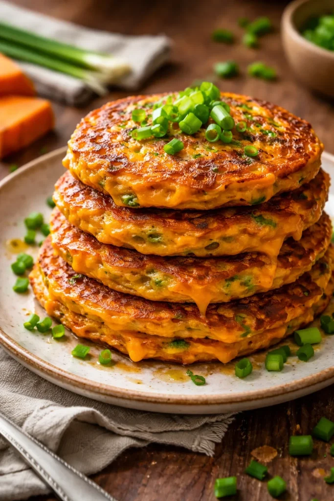 8 Savory Pancake Recipes for a Weekend Brunch 4 Sweet potato and cheddar pancake stack with green onions