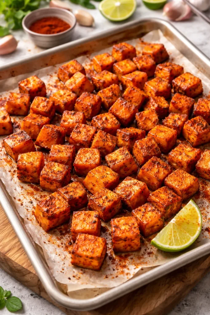 8 Easy Roasted Vegetable Sides for Dinner 8 Cubes of smoky roasted sweet potatoes with paprika and lime on a pan