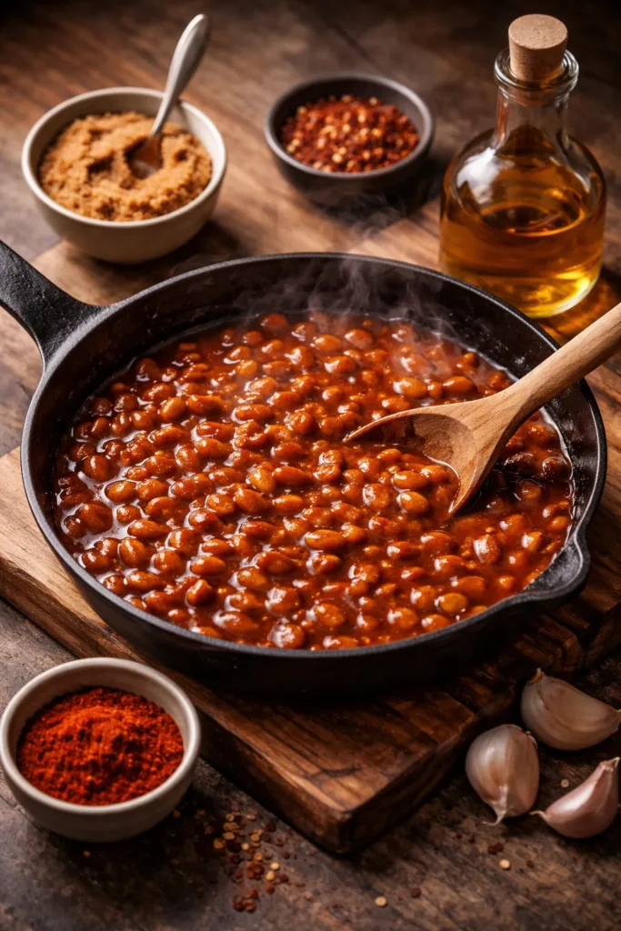 8 Baked Bean Recipes for Summer BBQs 11 Glossy bean sauce simmering with small bowls of sugar and paprika and a vinegar bottle nearby.