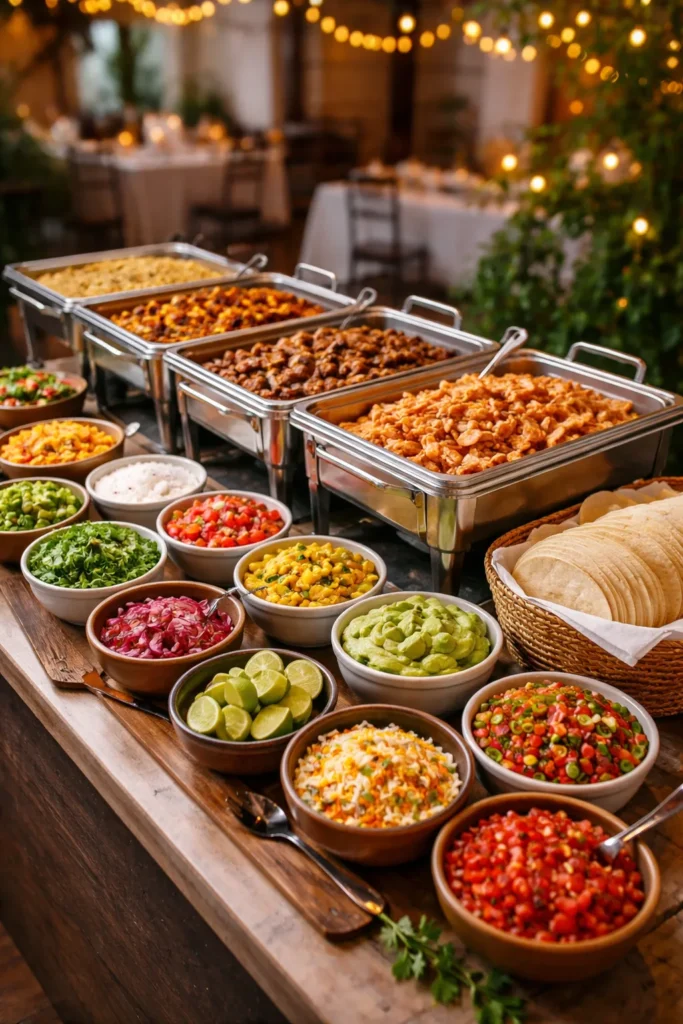 8 Wedding Reception Food Ideas on a Budget 1 Self-serve taco bar with toppings and warm tortillas at a wedding venue